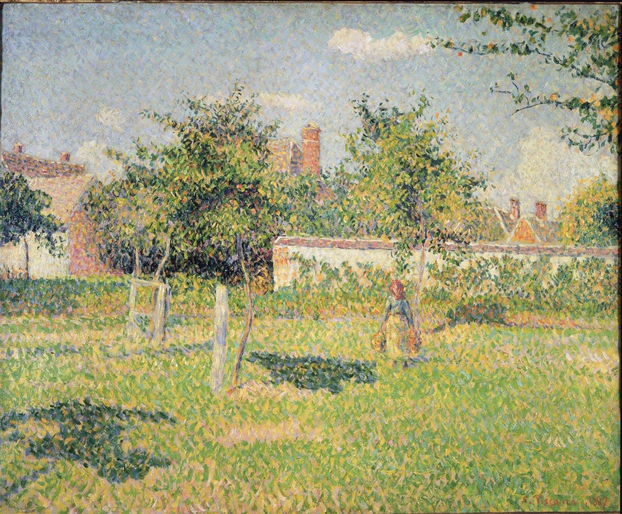Kvinde i en eng ved Eragny (eller Forårssol i Eragny Eng - olie på lærred af Camille Jacob Pissarro