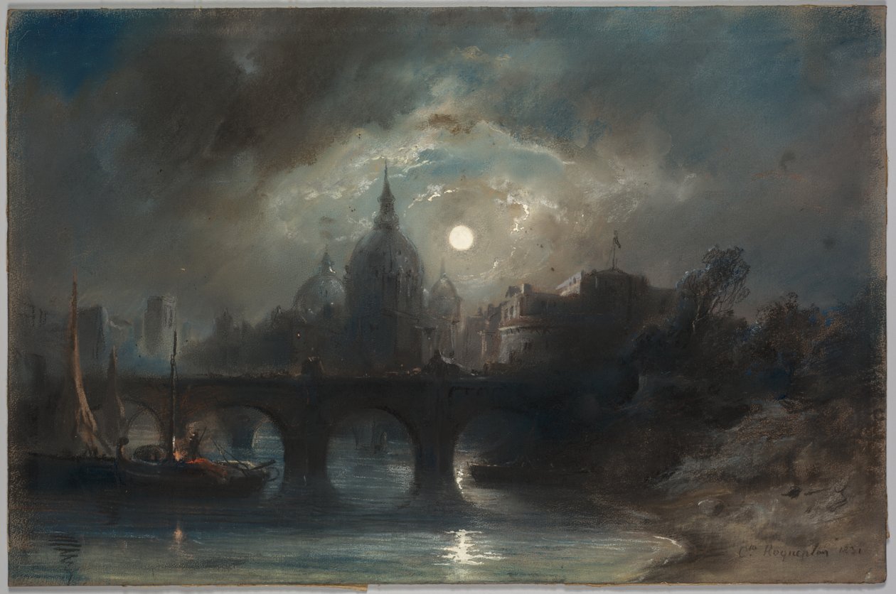 Udsigt over en by om natten, 1831. af Camille Roqueplan