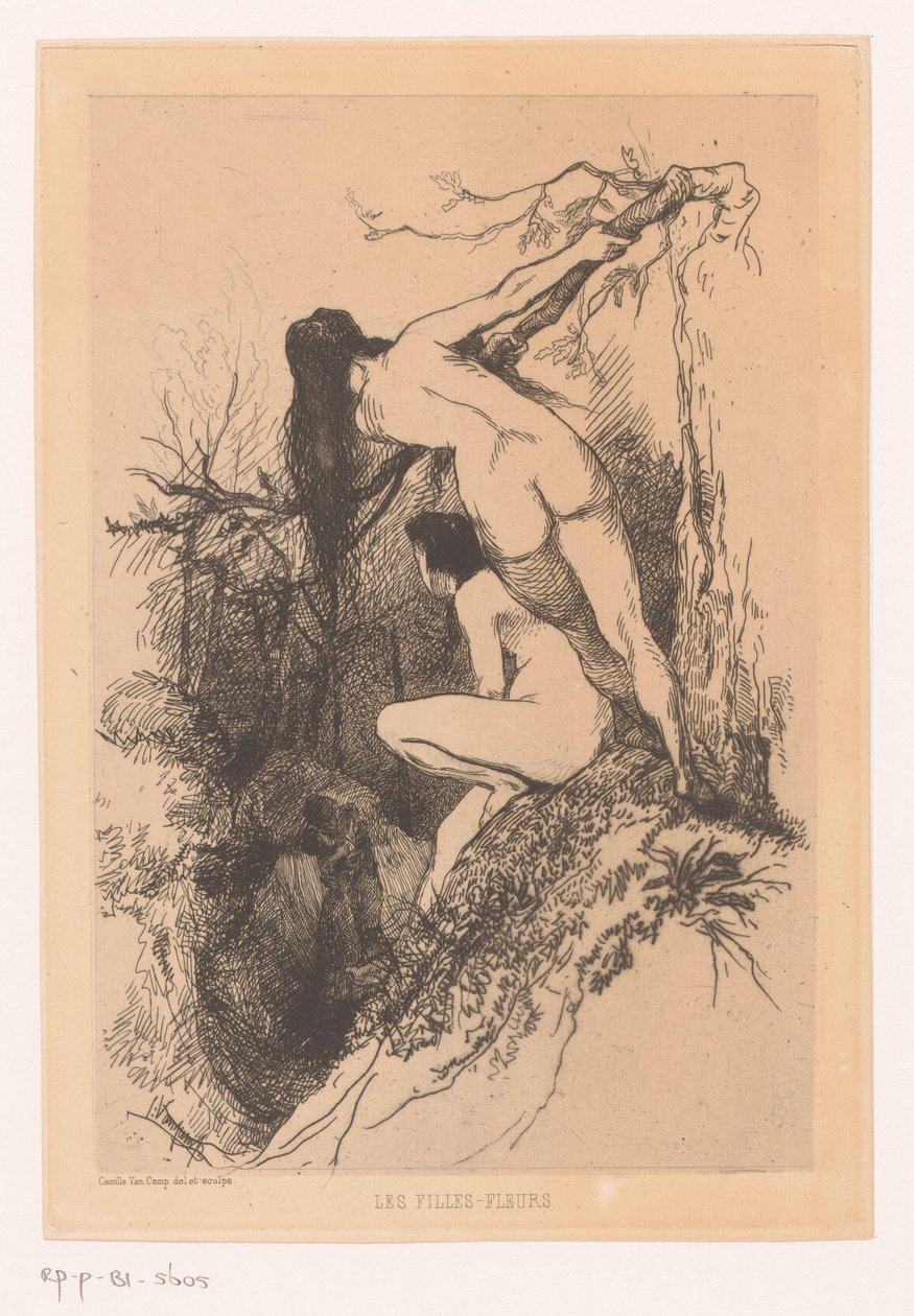 To nøgne kvinder spionerer på et kyssende par Les filles-fleurs (titel på objekt) af Camille Van Camp
