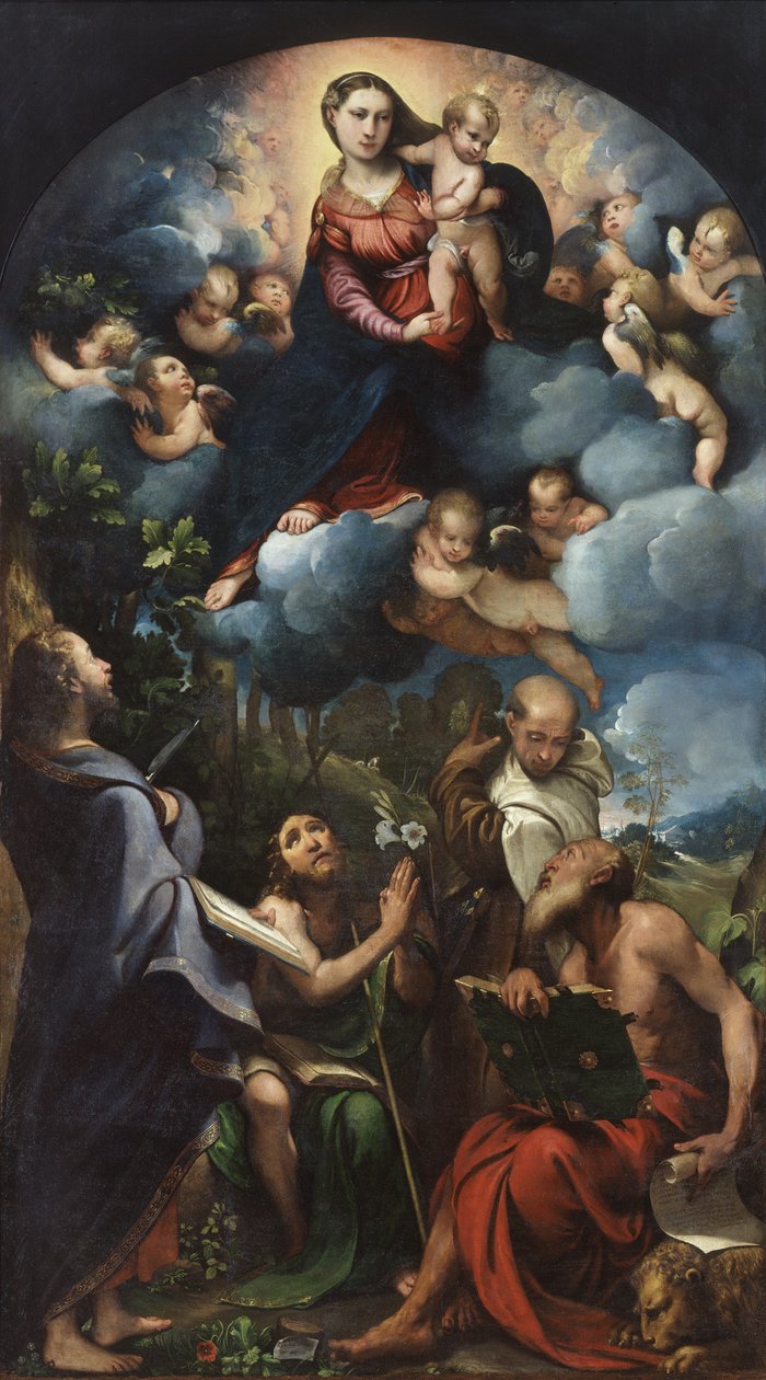 Madonna og barn i herlighed med St. Bartholomew, St. Johannes Døberen, St. Albert og St. Hieronymus af Camillo Boccaccino