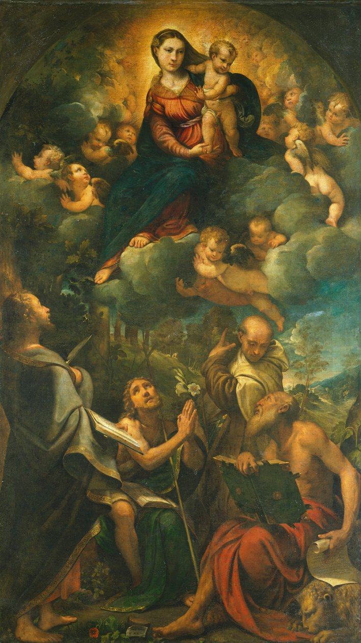 Madonna i herlighed, eller Madonna med barn og hellige af Camillo Boccaccino