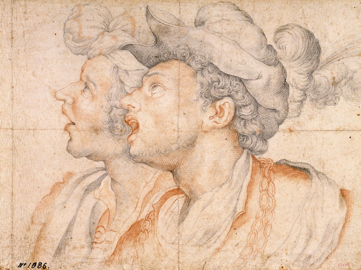 To ungdomshoveder - Værk af Camillo Procaccini (1561-1629), rødt kridt og kridt på papir (20x27,2 cm), ca. 1590 - To ungdomshoveder, rødt kridt og kridt på papir af Camillo Procaccini, ca 1590 - Museu Nacional of Art of Catalunya, Barcelona af Camillo Procaccini