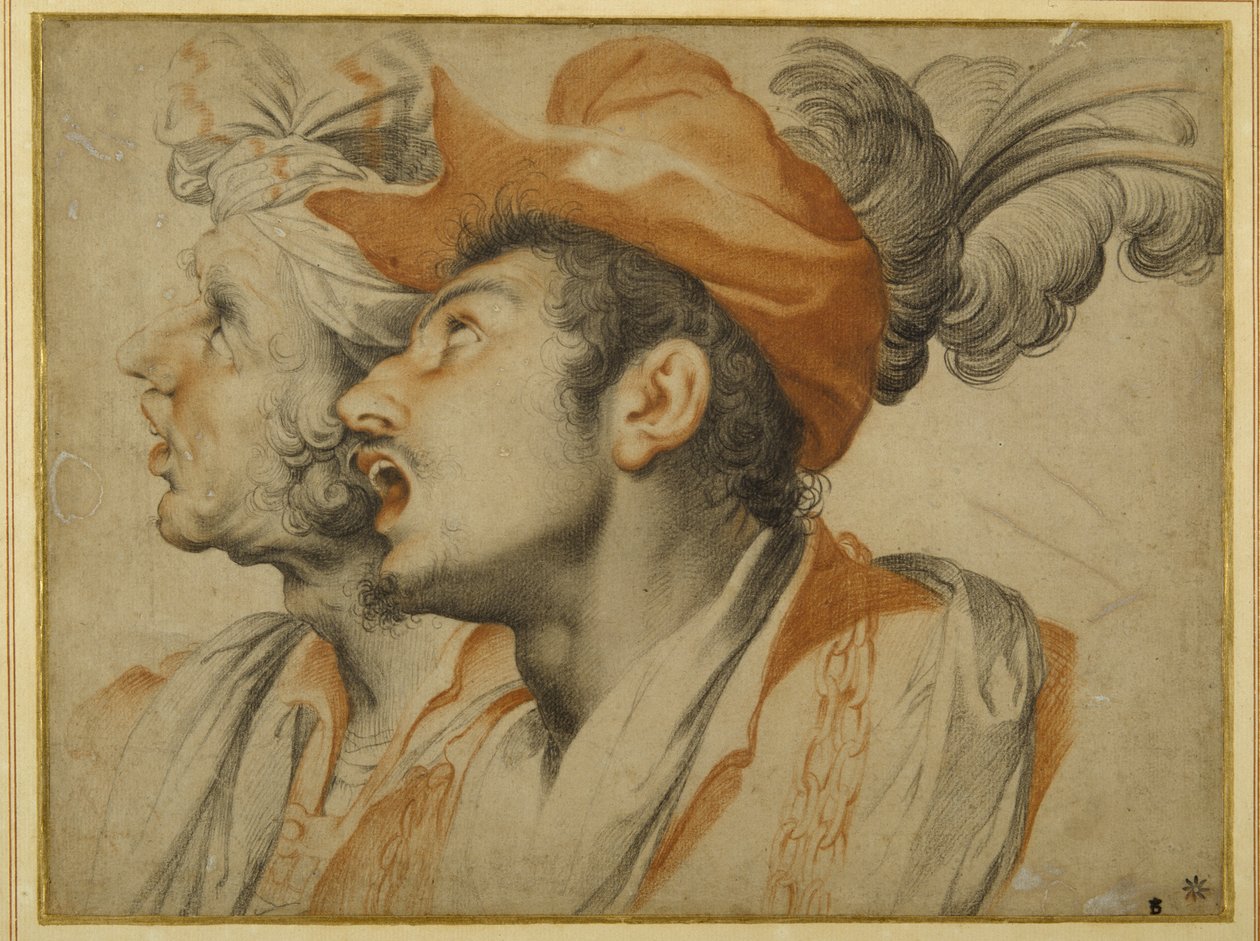 Grotesquerie af to moderigtigt klædte mænd, der synger (sort og rødt kridt på hvidt papir) af Camillo Procaccini