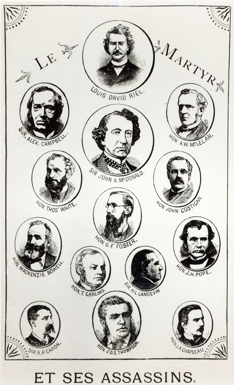 Louis Riel (1844-85) og hans lejemordere, illustration fra Le Gibet de Regina, udgivet 1886 af Canadian School