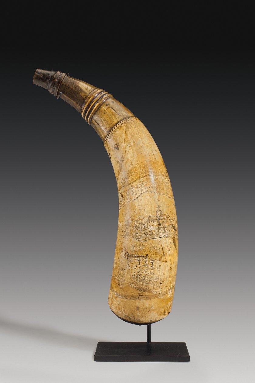 Pulverhorn, indgraveret med et kort over St. Lawrence-floden i området Quebec, ca. 1759 (horn) (se også 997378-80) af Canadian School