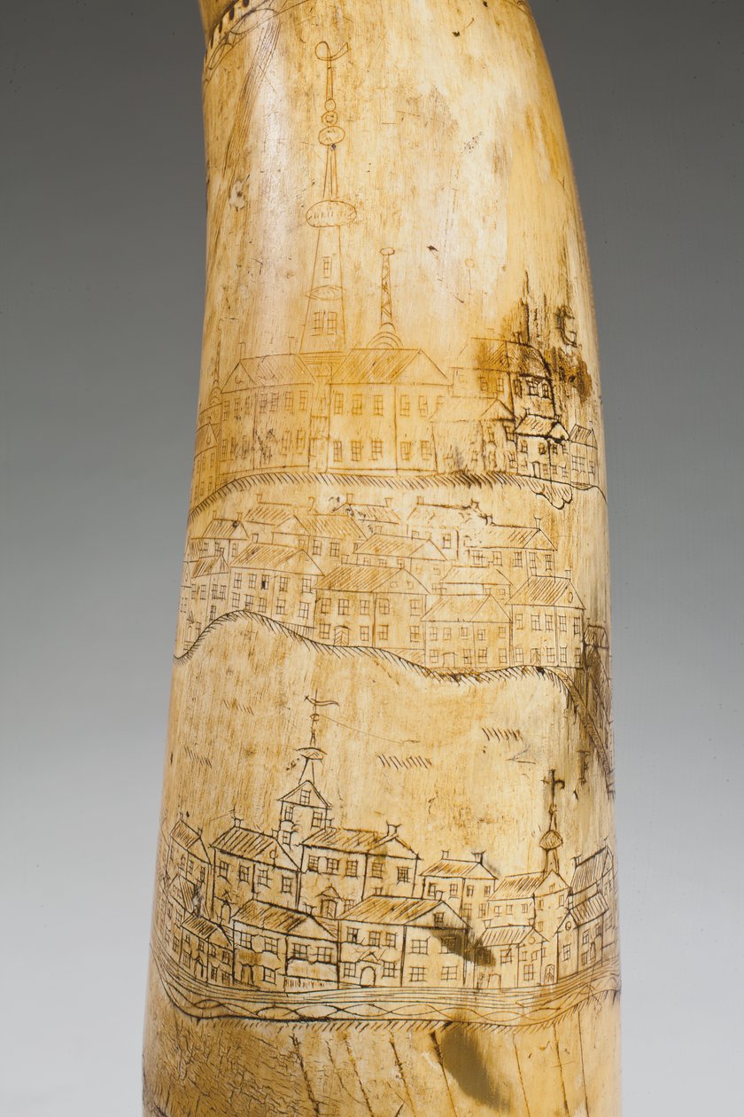 Pulverhorn, indgraveret med et kort over St. Lawrence-floden i området Quebec, ca. 1759 (horn) (se også 997377-79) af Canadian School