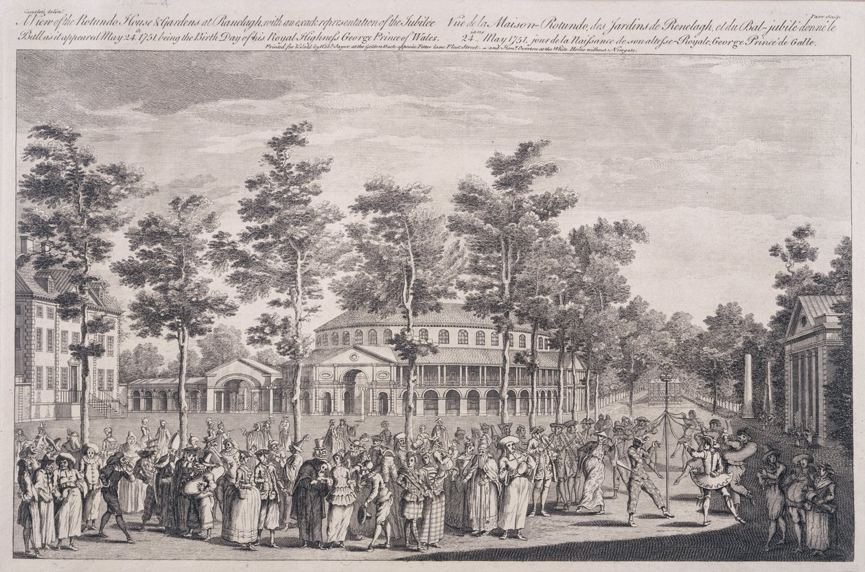 Udsigt over Rotunda, Ranelagh House, ved et bal for at fejre fødselsdagen for HKH, Prinsen af Wales, 24. maj 1751, indgraveret af Parr af Canaleti