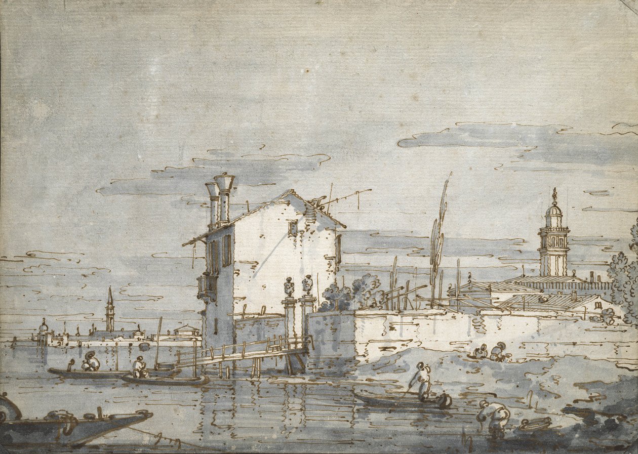 En ø i lagunen (pen og blæk med vask på papir) af Giovanni Antonio Canal