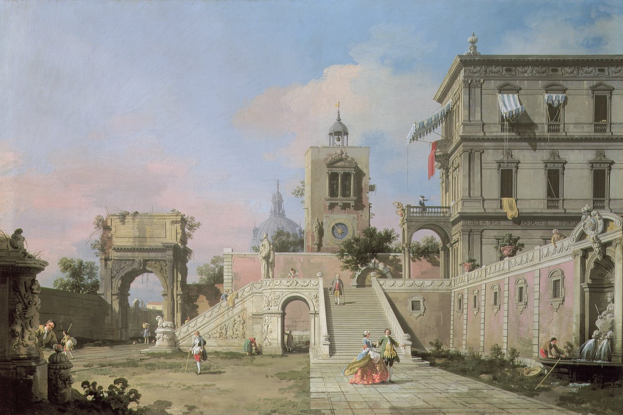 Capriccio af dobbelte trappetrin, der fører til et palads, ca. 1750 af Giovanni Antonio Canal
