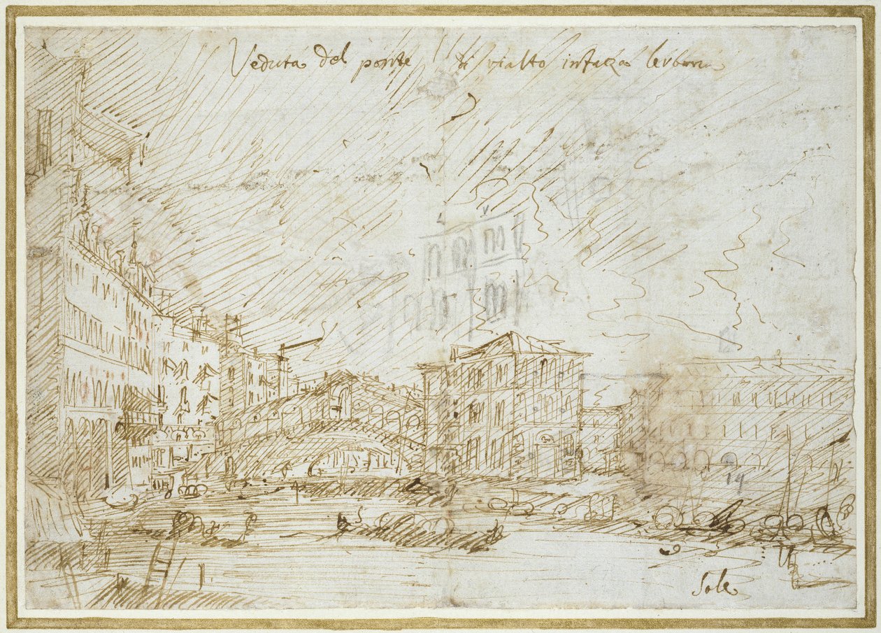 Ponte de Rialto (pen og brunt blæk på papir) af Giovanni Antonio Canal