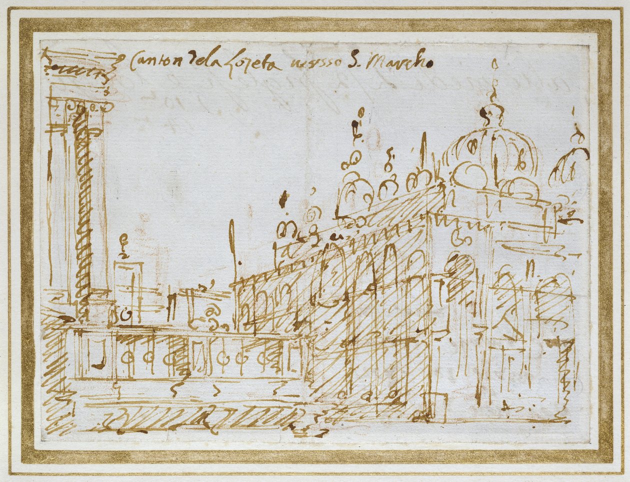 Venedig: Markus og Loggetta (pen og brunt blæk) af Giovanni Antonio Canal