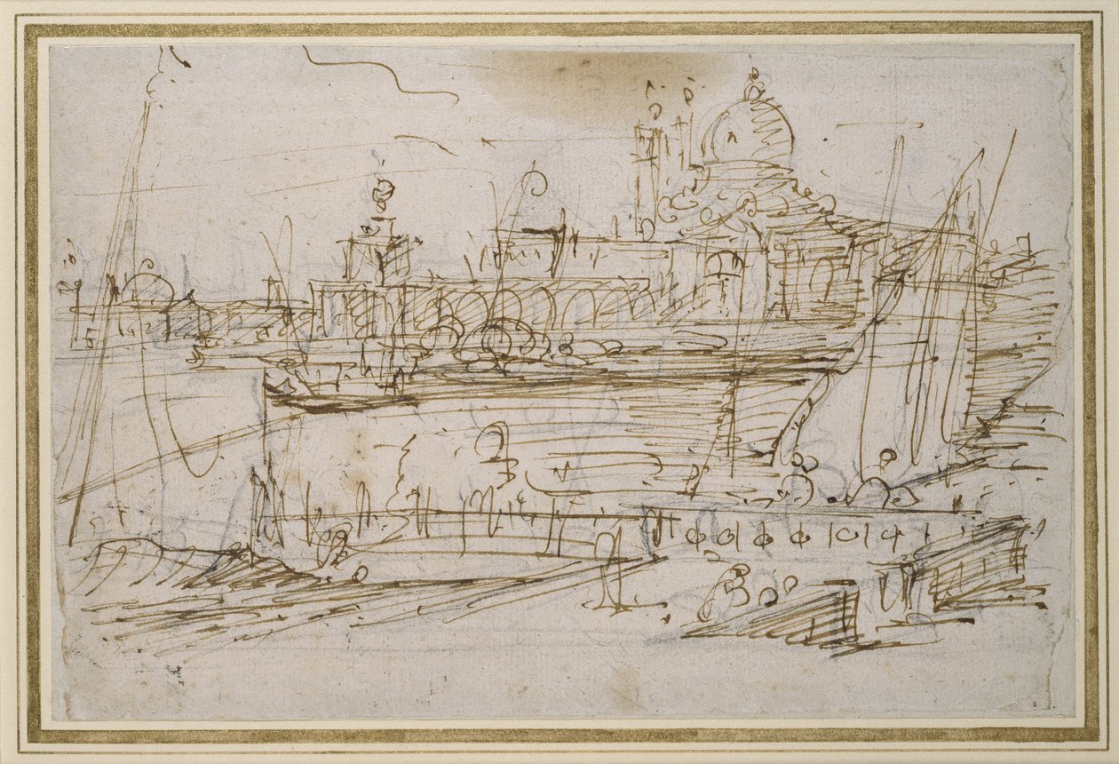 Venedig: Dogana og S. Maria della Salute fra Molo di Terranova (pen og brunt blæk over sort kridt) af Giovanni Antonio Canal