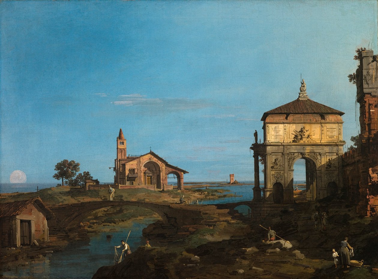 En ø i lagunen med en port og en kirke af Canaletto (Giovanni Antonio Canal)