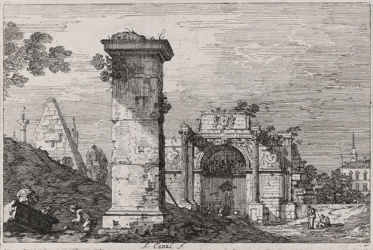 Landskab med ødelagte monumenter, fra serien Vedute (Views) af Canaletto (Giovanni Antonio Canal)