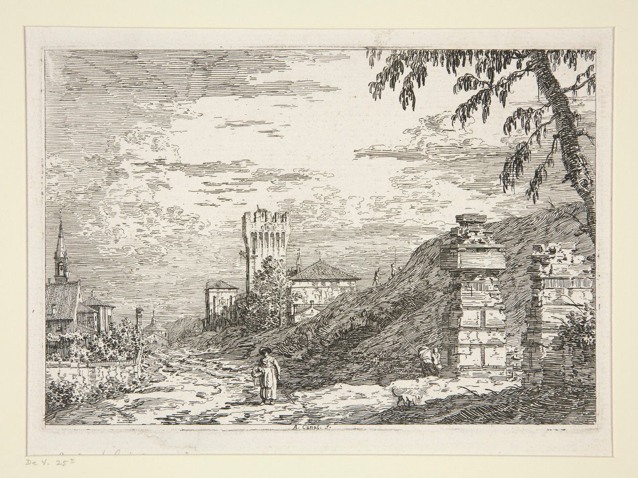 Landskab med tårn og to ødelagte søjler, fra serien Vedute (Views) af Canaletto (Giovanni Antonio Canal)