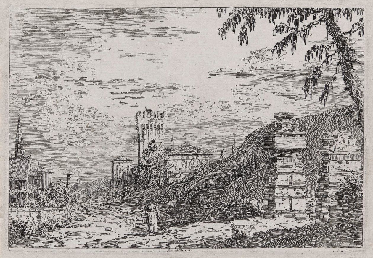 Landskab med tårn og to ødelagte søjler, fra serien Vedute (Views) af Canaletto (Giovanni Antonio Canal)
