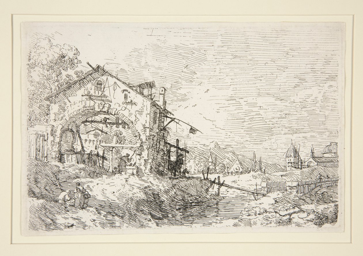 Landskab med en kvinde ved en brønd, fra serien Vedute (Views) af Canaletto (Giovanni Antonio Canal)