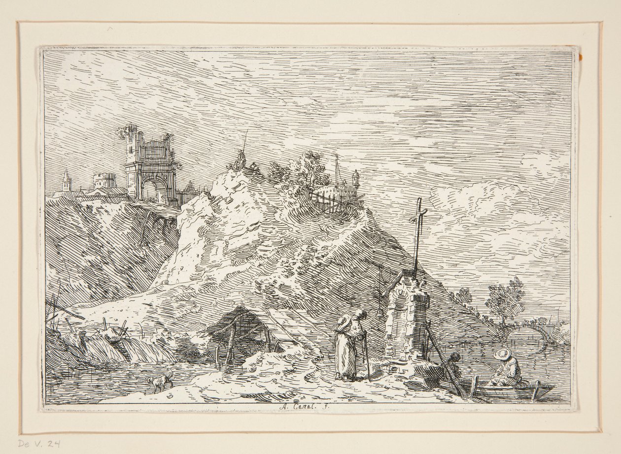 Landskab med pilgrimen ved bønnen, fra serien Vedute (Views) af Canaletto (Giovanni Antonio Canal)