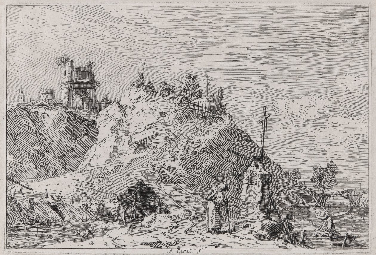 Landskab med pilgrimen ved bønnen, fra serien Vedute (Views) af Canaletto (Giovanni Antonio Canal)