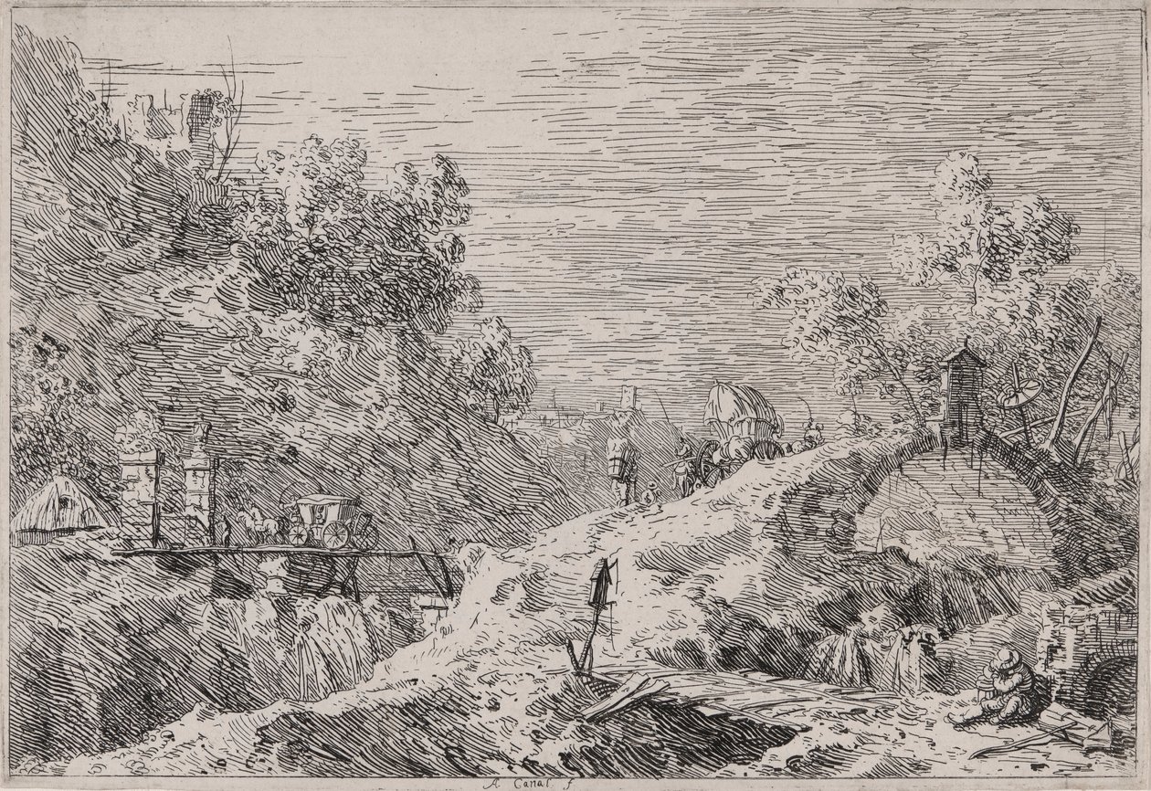 Bjerglandskab med fem broer, fra serien Vedute (Views) af Canaletto (Giovanni Antonio Canal)