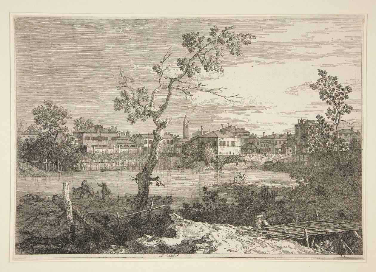 Udsigt over en by på en flodbred, fra serien Vedute (Views) af Canaletto (Giovanni Antonio Canal)