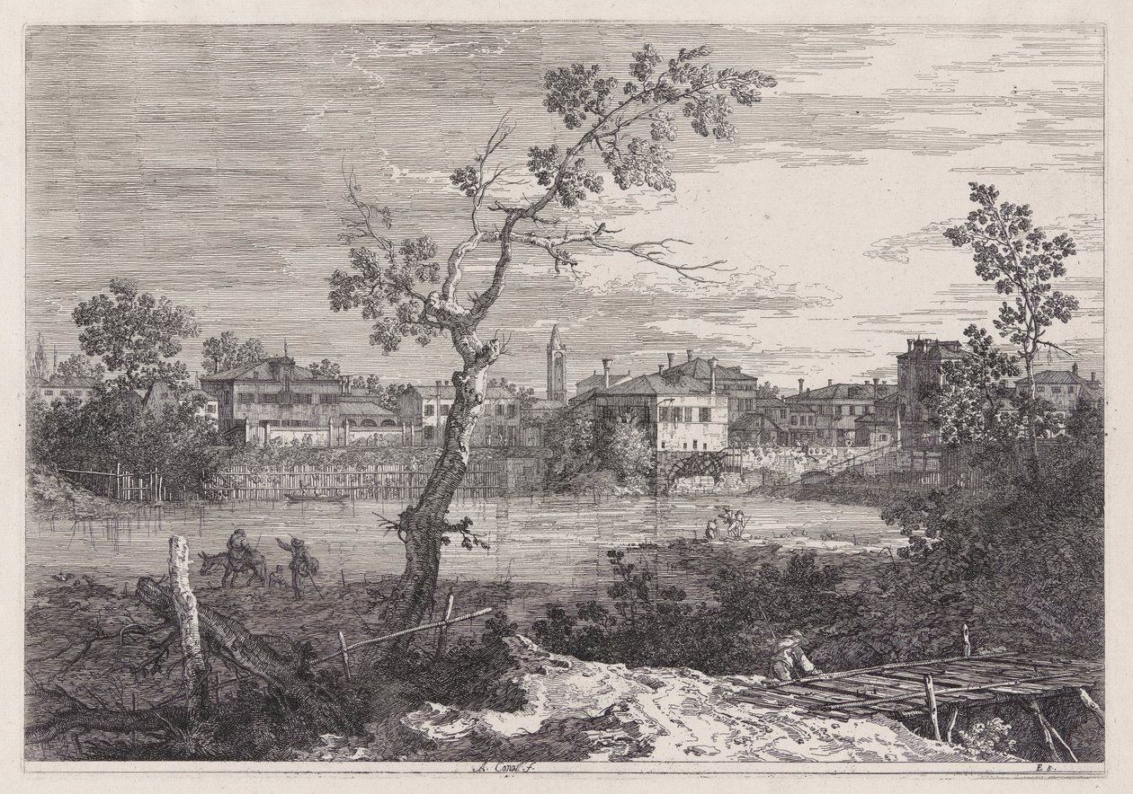 Udsigt over en by på en flodbred, fra serien Vedute (Views) af Canaletto (Giovanni Antonio Canal)
