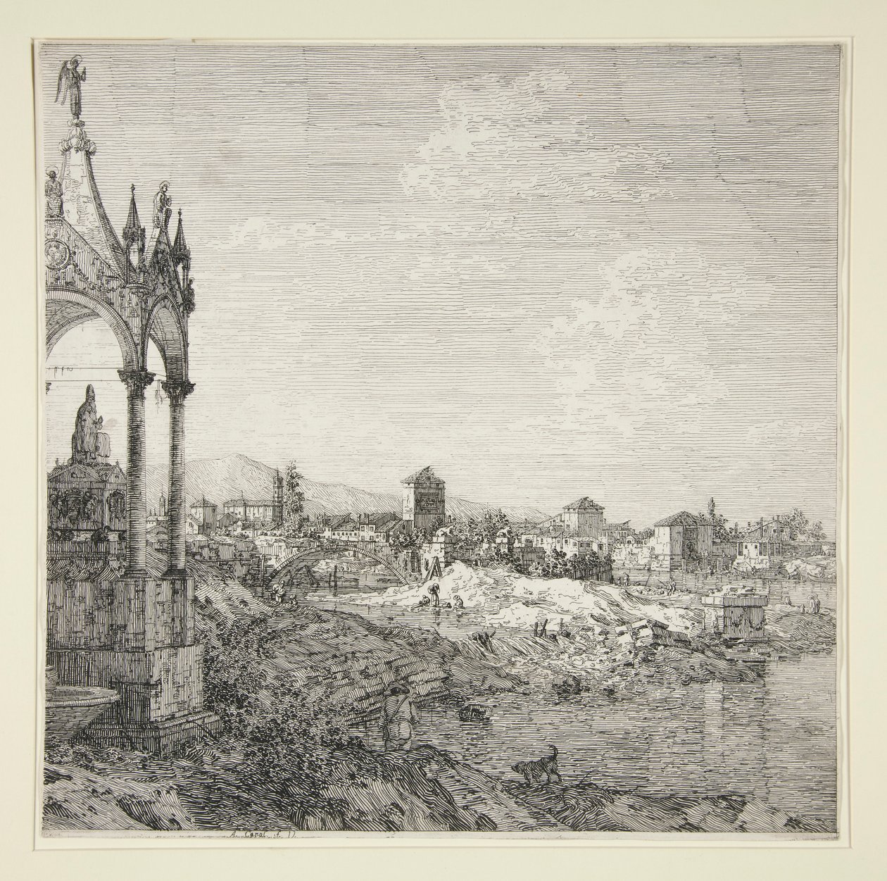 Udsigt over en by med en biskop af Canaletto (Giovanni Antonio Canal)