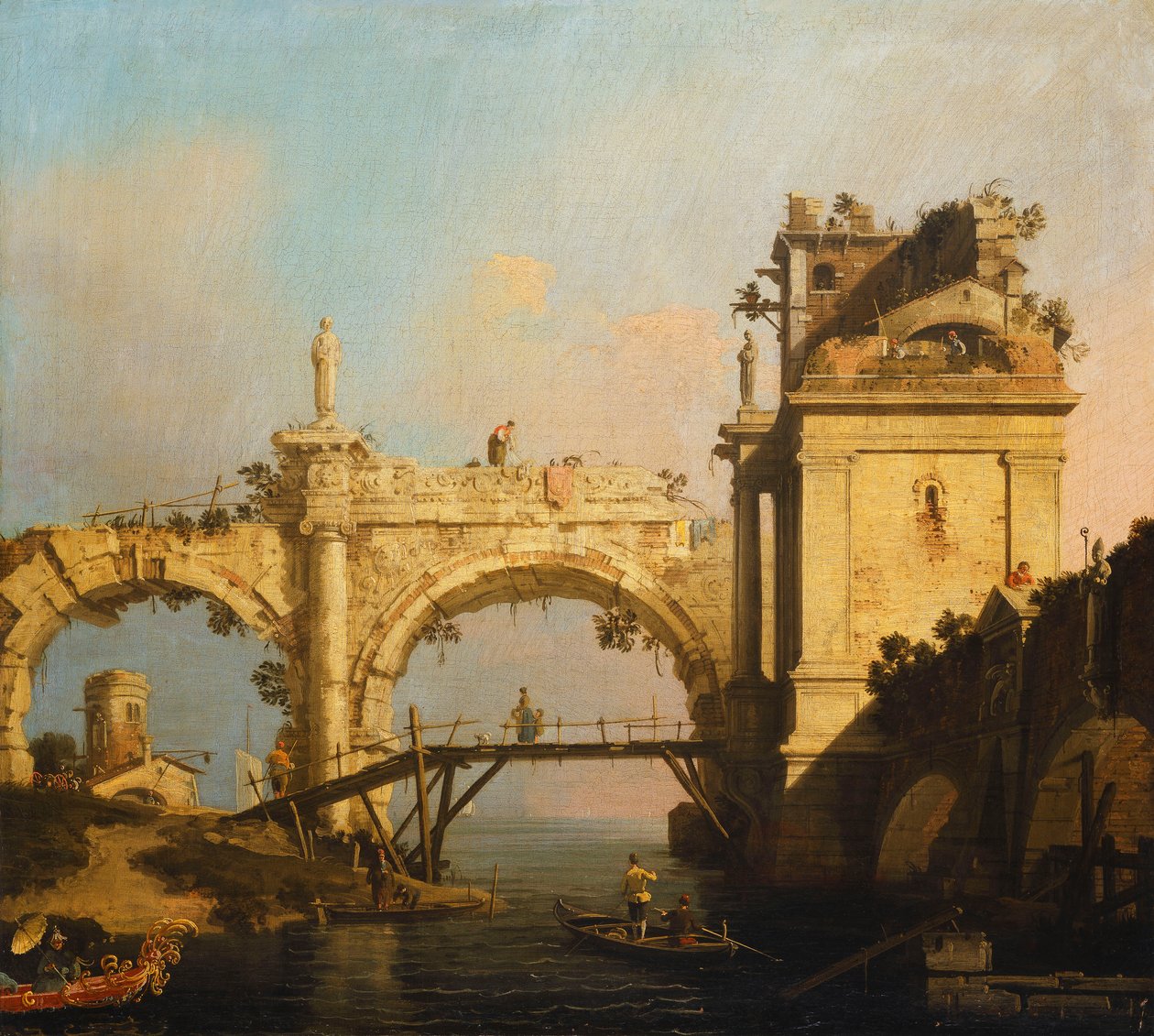 En Capriccio af en ødelagt renæssancearkade og pavillon ved en vandvej krydset af en gangbro af træ, en orientaler i en eksotisk dekoreret båd i forgrunden, af Giovanni Antonio Canal