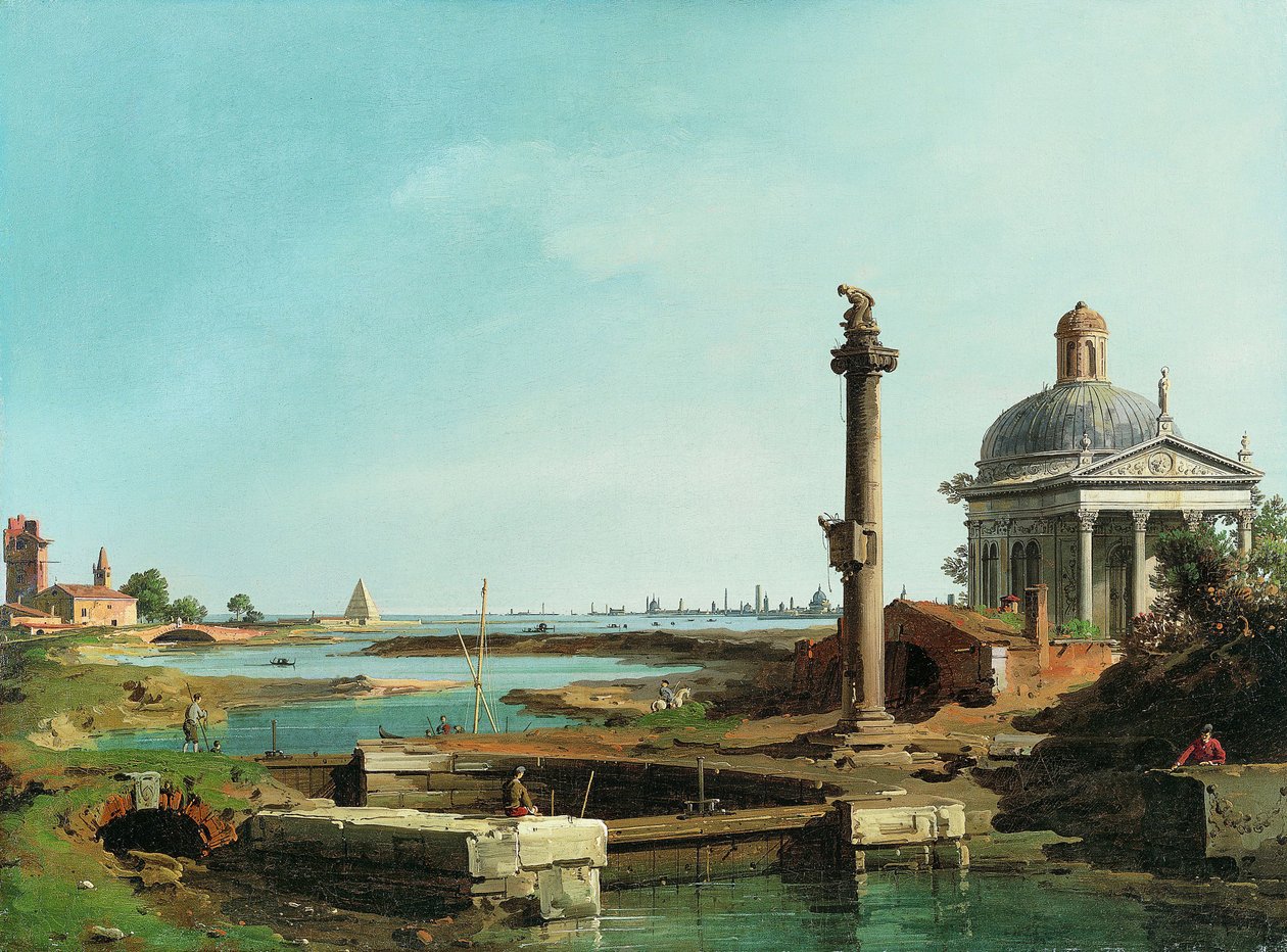 En lås, en søjle og en kirke ved siden af en lagune. af Giovanni Antonio Canal