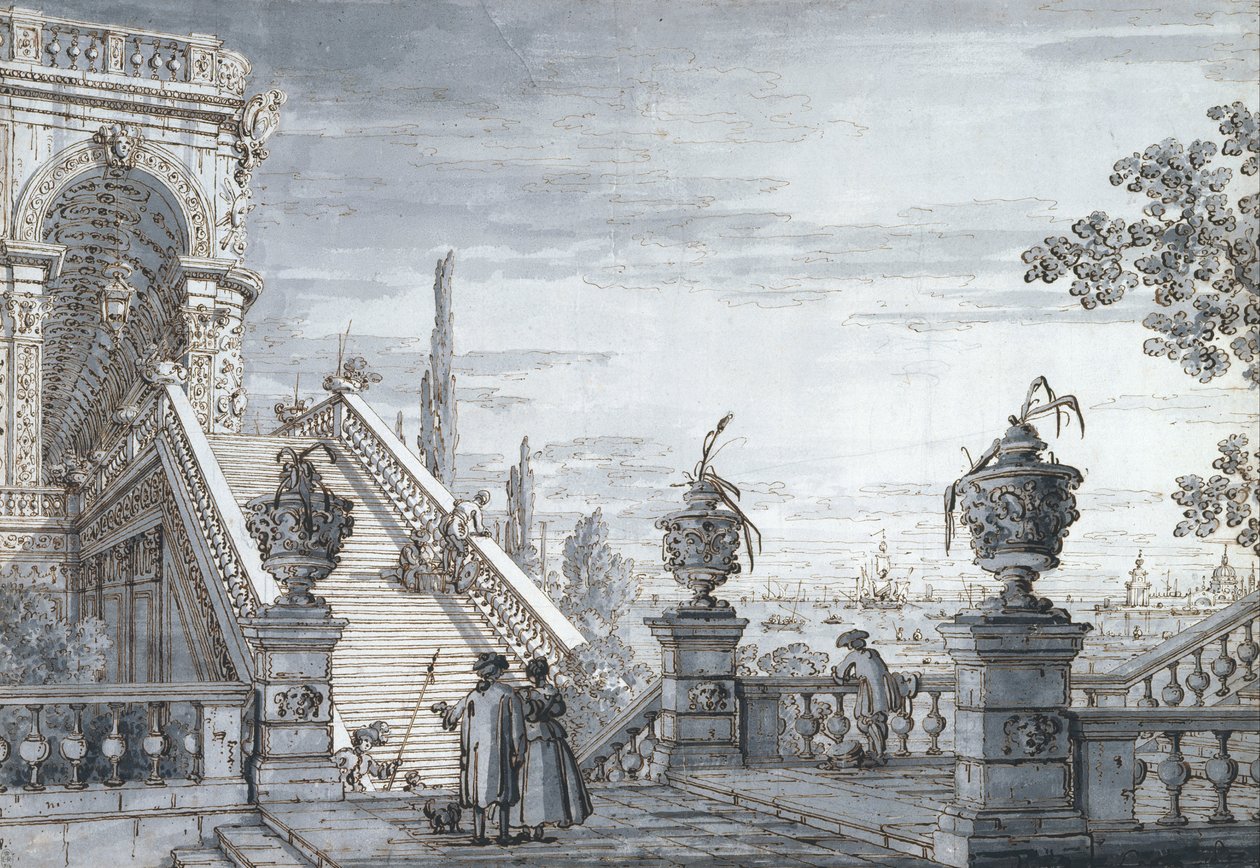 En capriccio med en monumental trappe af Canaletto