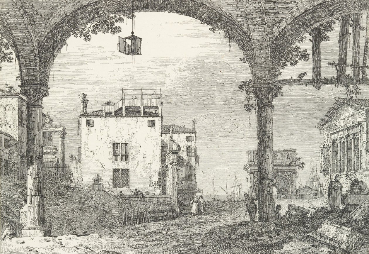 En trebuet portik med åben lanterne hængende i midten, triumfbue og rui..., 1735-46. af Canaletto