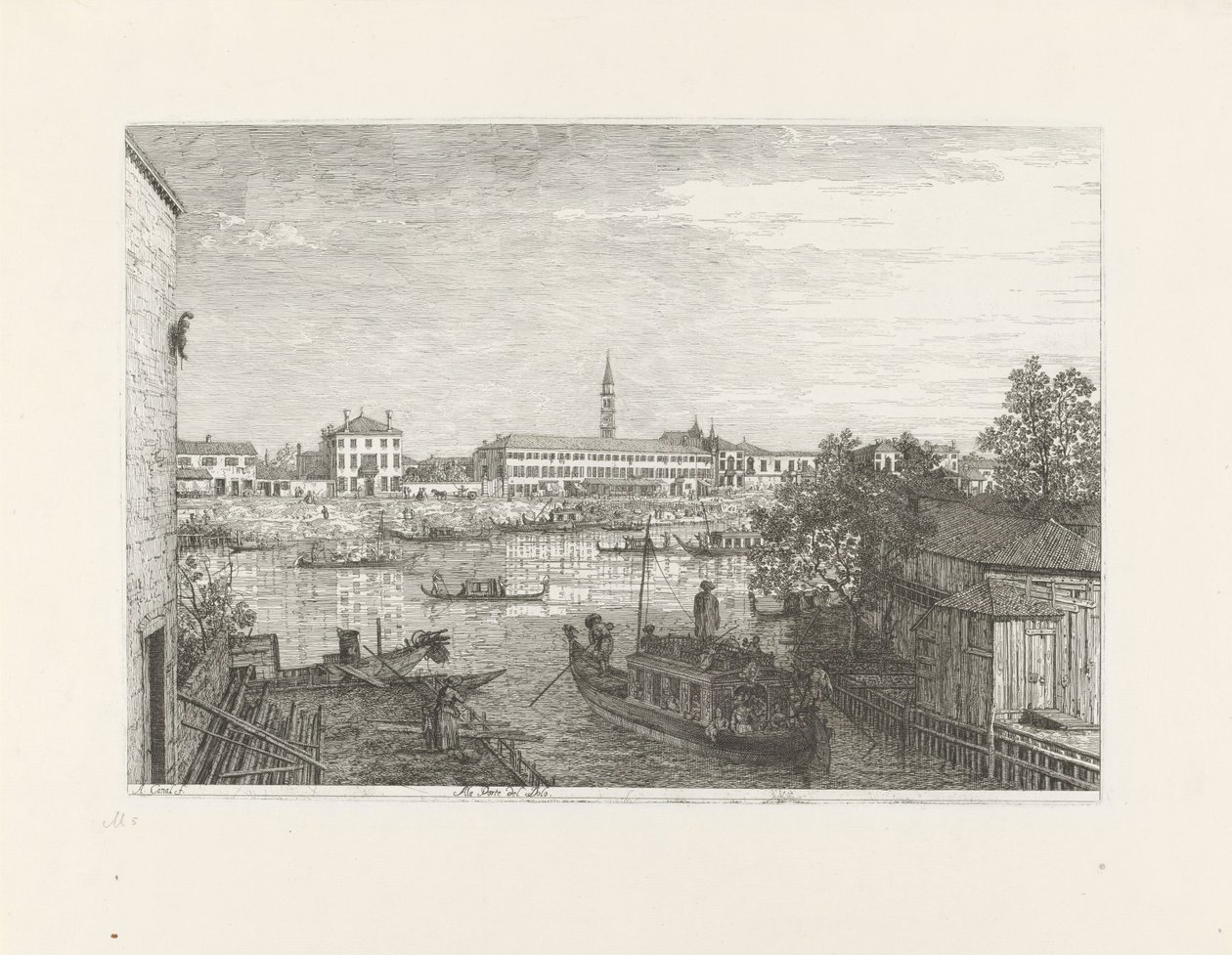 Fortøjningsplads i Dolo Alle Porte di Dolo (titel på objekt) Ansigter på eksisterende og opfundne steder (serietitel) Vedute altre prese da i Luoghi altre ideate af Antonio Canal (serietitel) af Canaletto