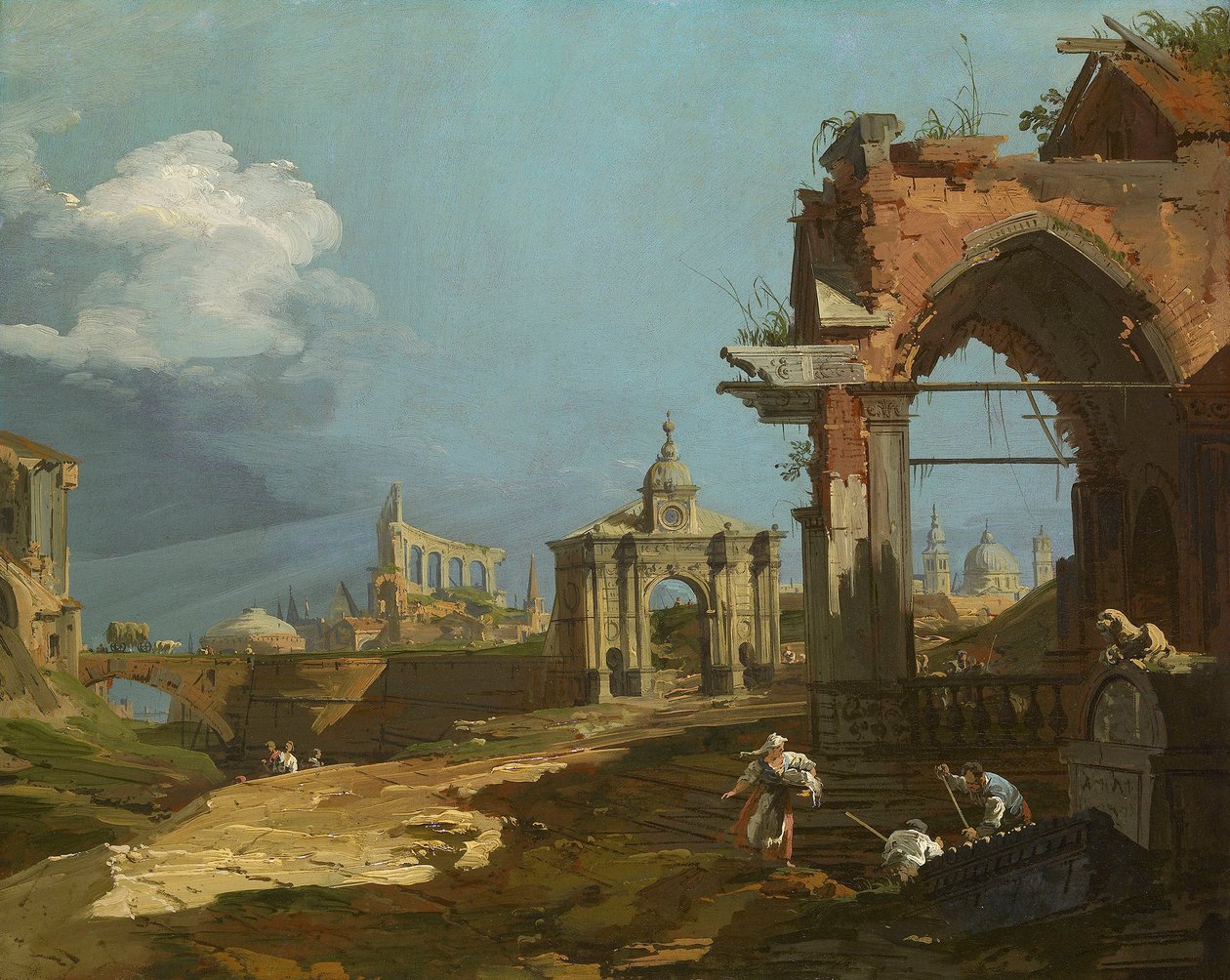 Canaletto - En capriccio-udsigt med en spids bue 1742-44 af Canaletto