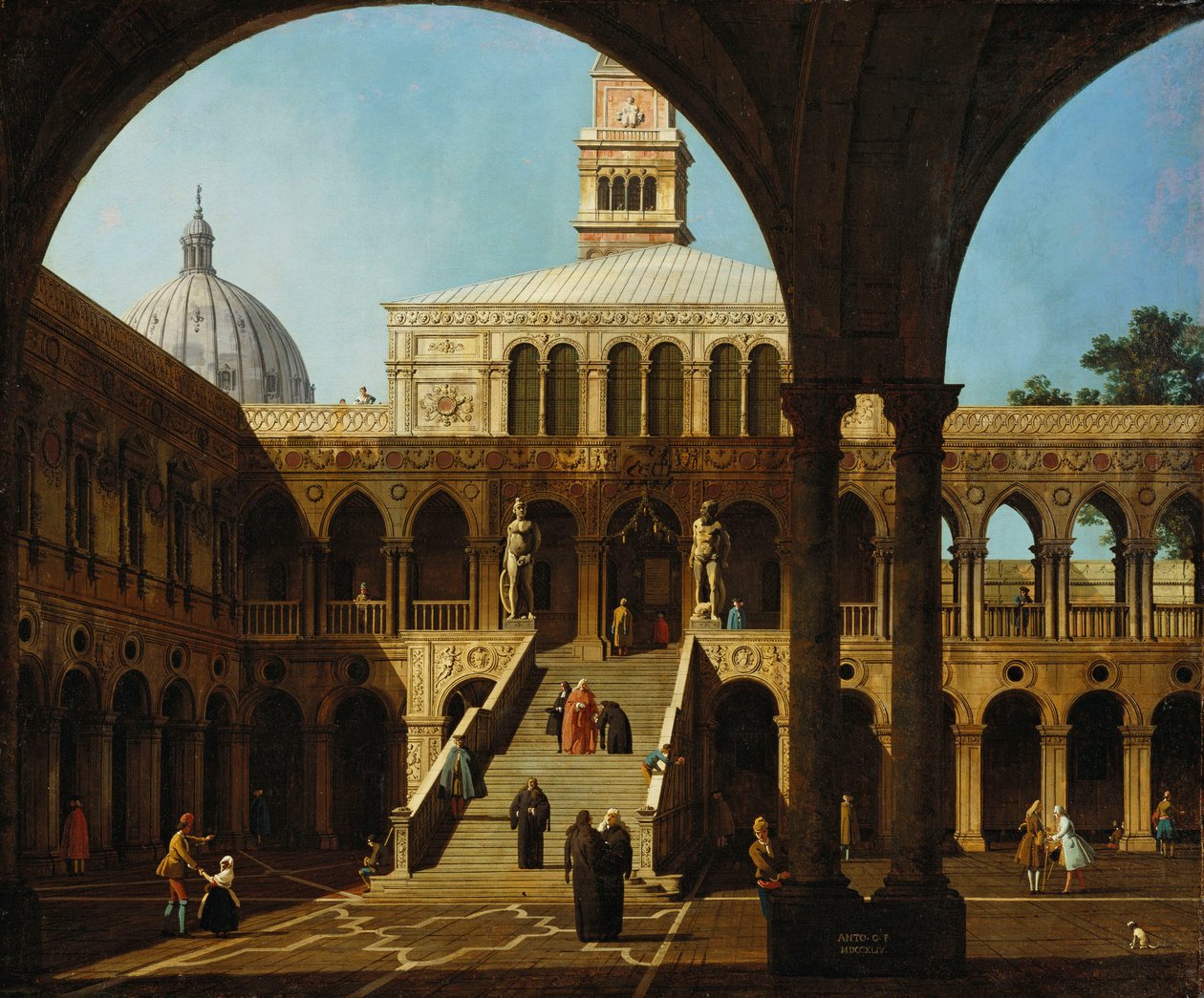 Canaletto - Capriccio View of the Courtyard of the Palazzo Ducale with the Scala dei Giganti Signeret og dateret 1744 af Canaletto