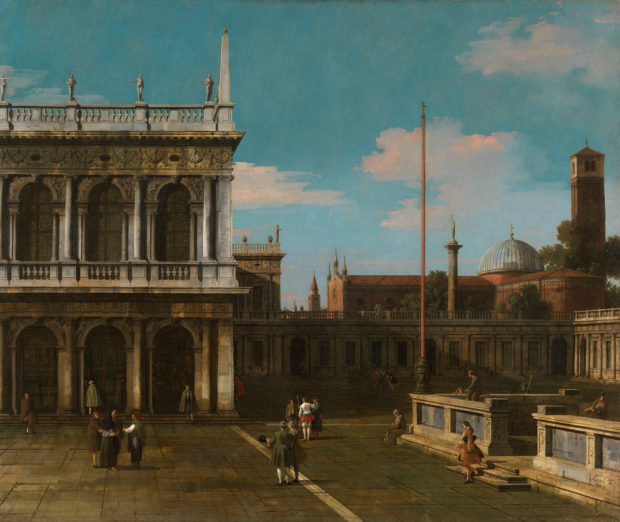 Canaletto - Capriccio View of the Piazzetta with the Libreria Signeret og dateret 1744 af Canaletto