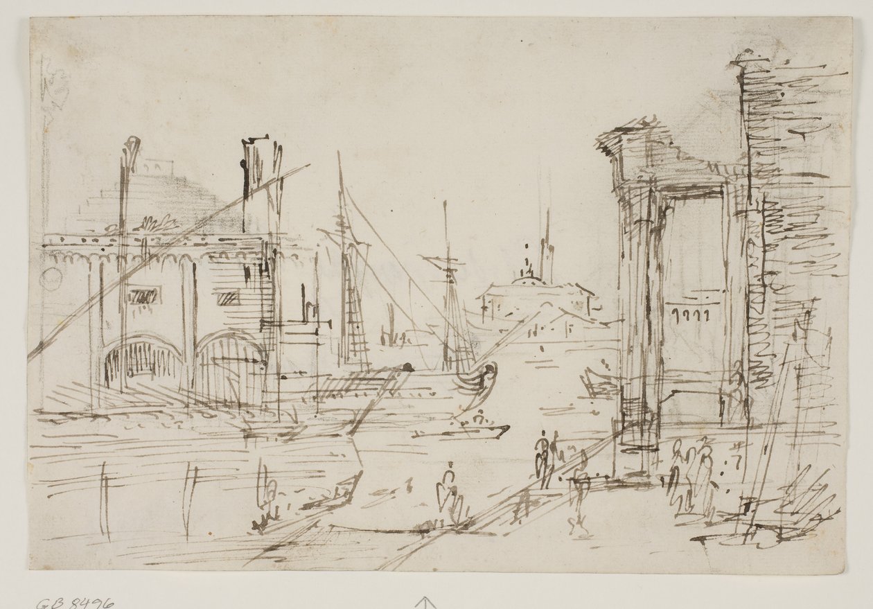 Capriccio med klassiske ruiner på en kaj, et bådehus, to kabysser, to master på et sejlskib bag dem, en kuppelkirke i baggrunden af Canaletto