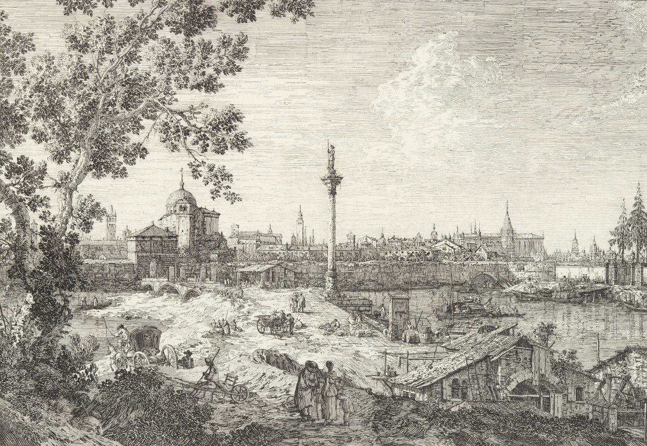 Imaginær udsigt over Padova, med en kirke med en kuplet kirke til venstre, en søjle overgået..., 1735-46. af Canaletto