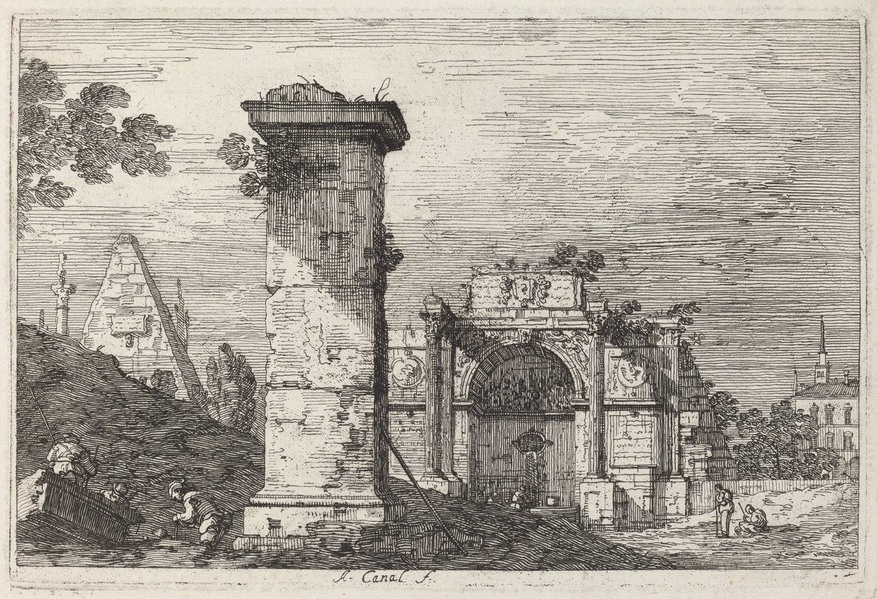 Landskab med ødelagte monumenter, ca. 1740. af Canaletto