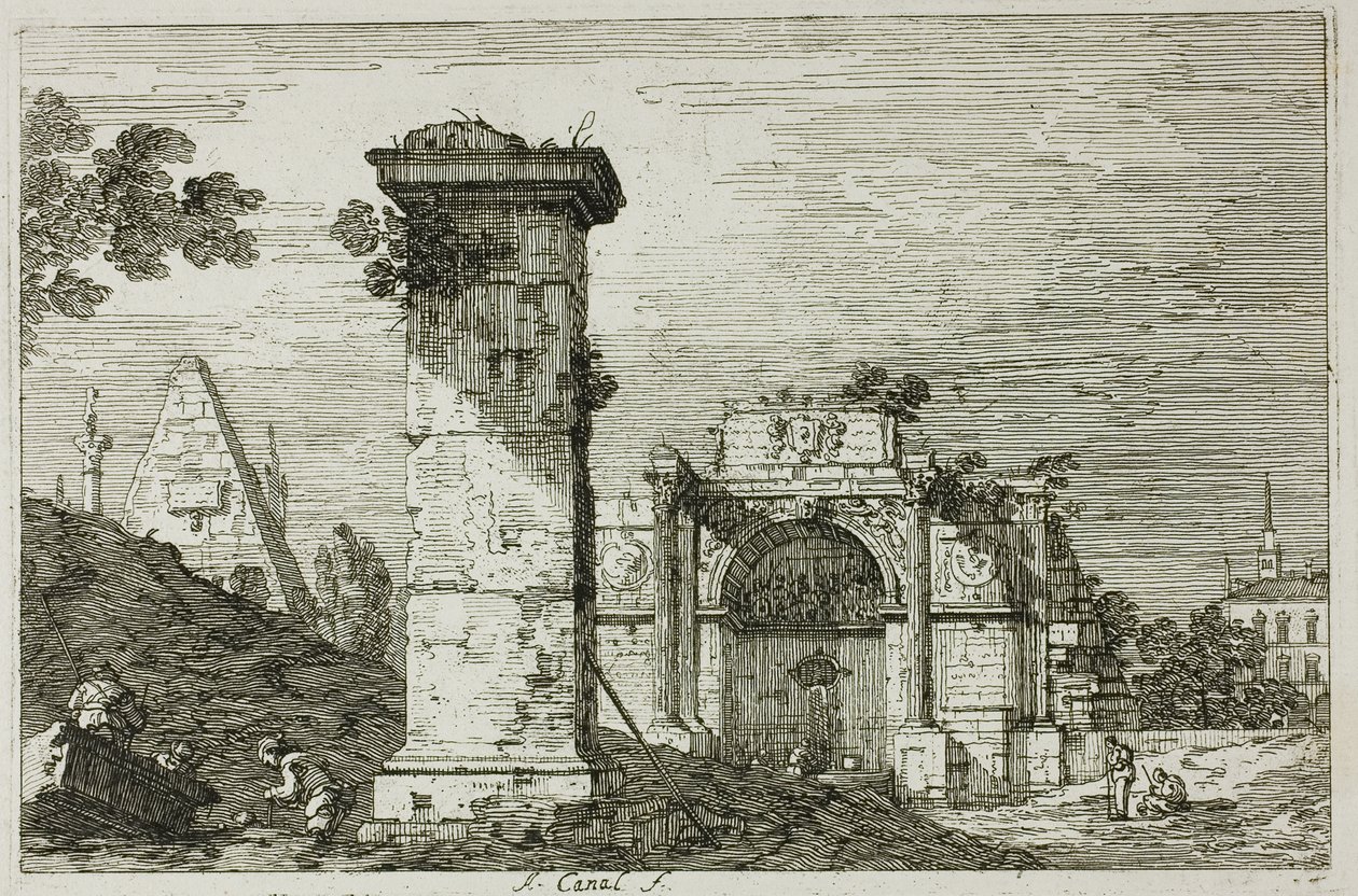 Landskab med ødelagte monumenter, fra Vedute af Canaletto