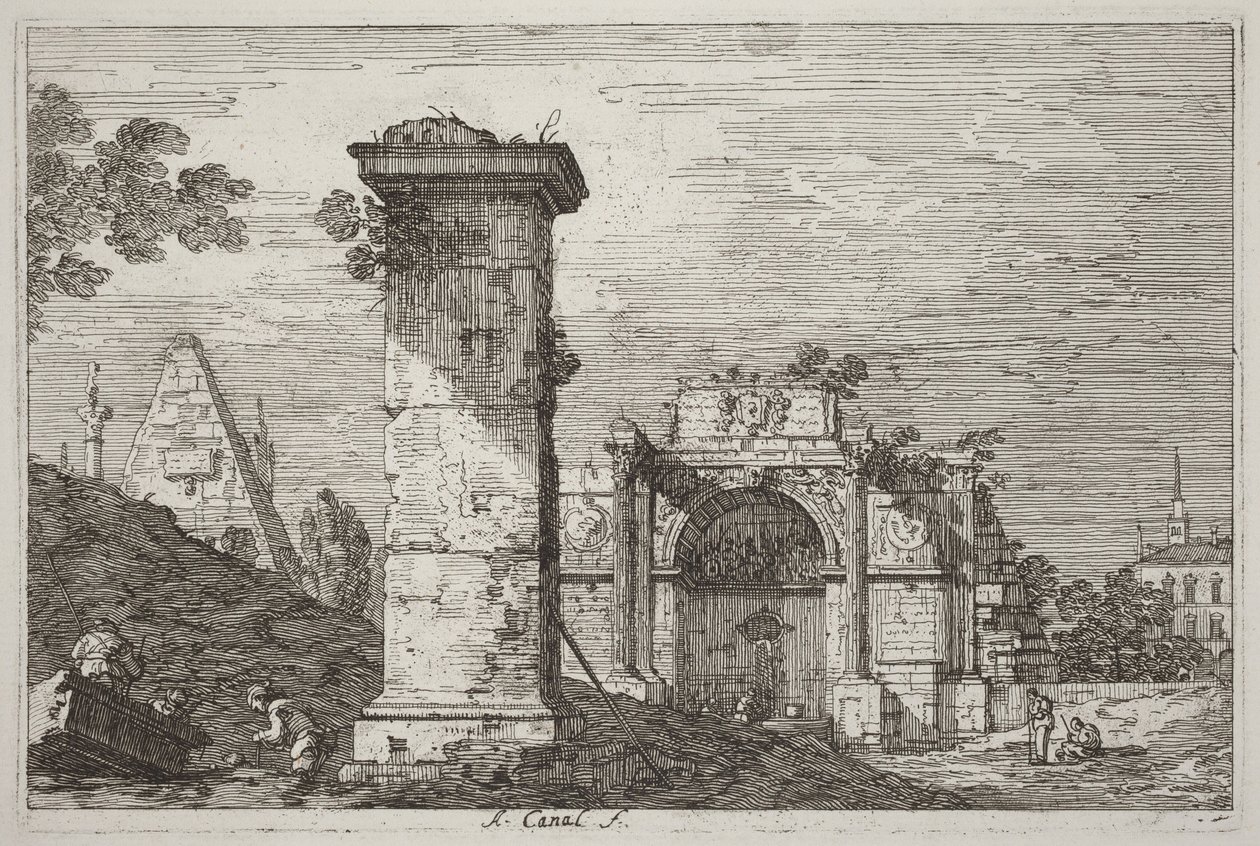 Landskab med ruinmonumenter [til højre] af Canaletto