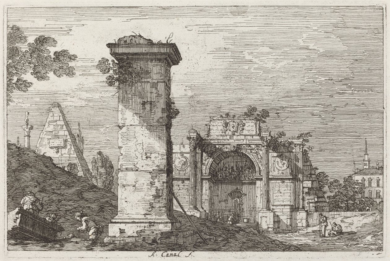 Landskab med ødelagte monumenter [til højre], ca. 17351746. af Canaletto