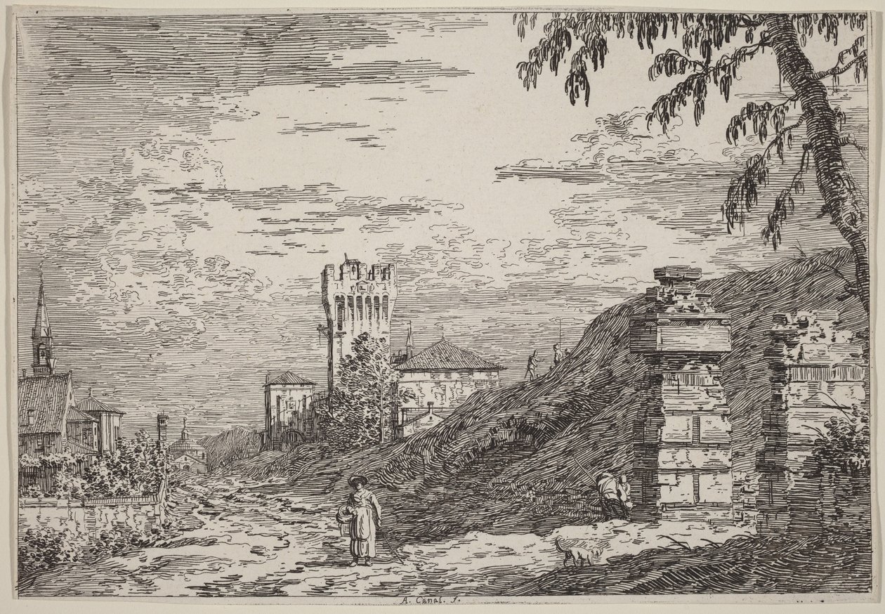 Landskab med tårn og to søjler i ruiner af Canaletto