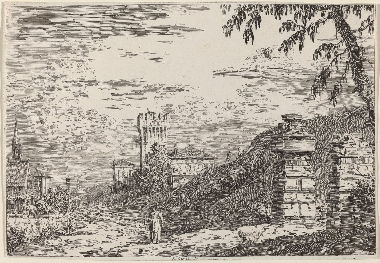 Landskab med tårn og to ødelagte søjler, ca. 17351746. af Canaletto