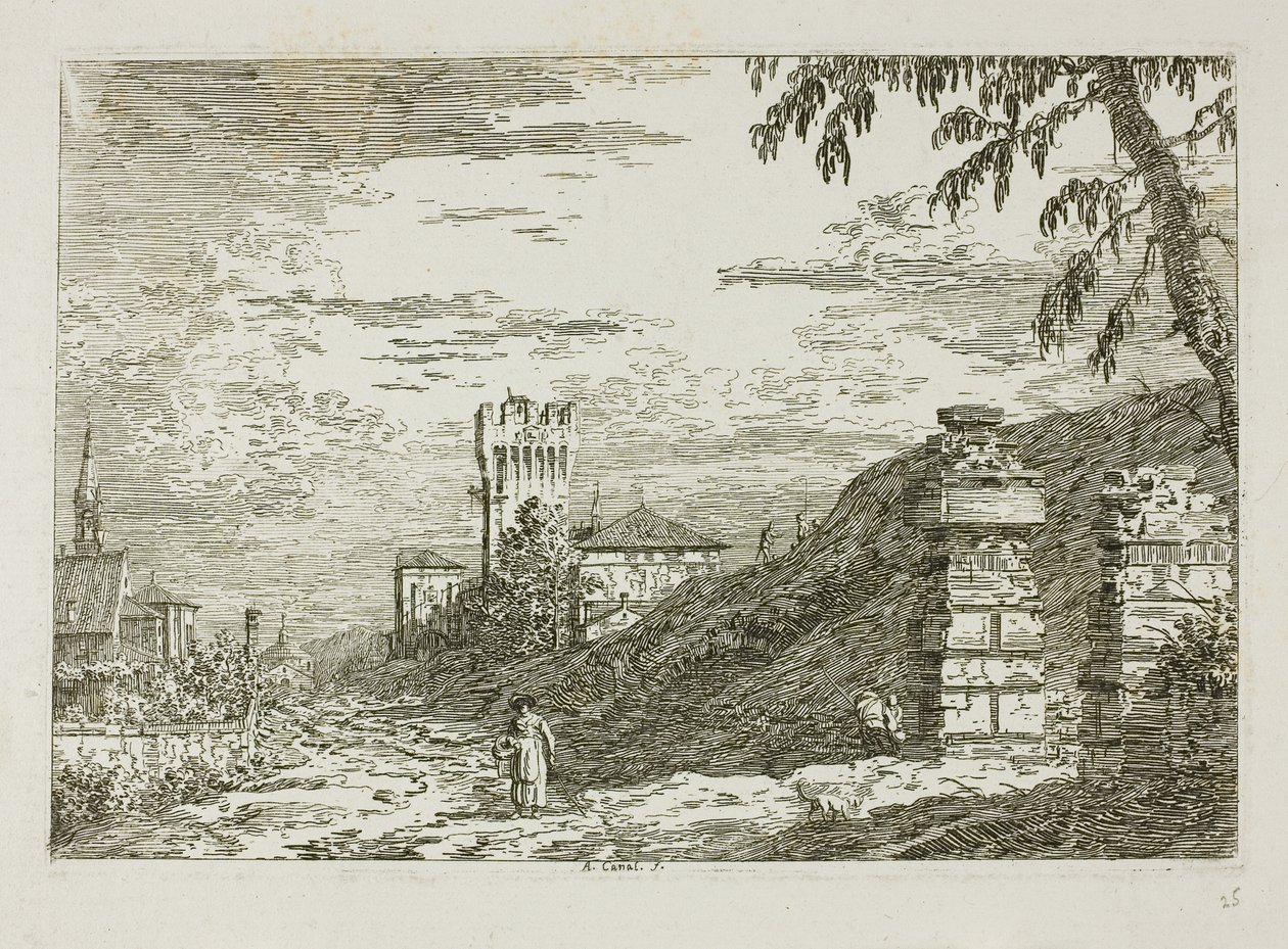 Landskab med tårn og to ødelagte søjler, fra Vedute af Canaletto