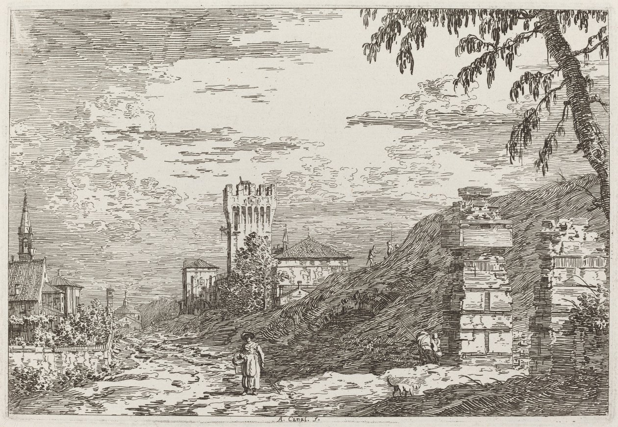Landskab med tårn og to ødelagte søjler [til venstre], ca. 17351746. af Canaletto