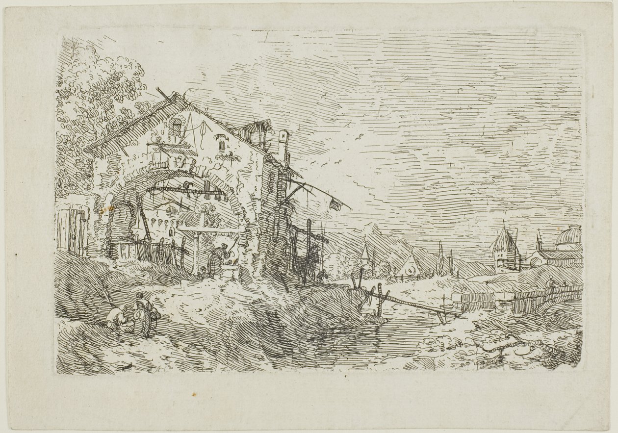 Landskab med en kvinde ved en brønd, fra Vedute af Canaletto