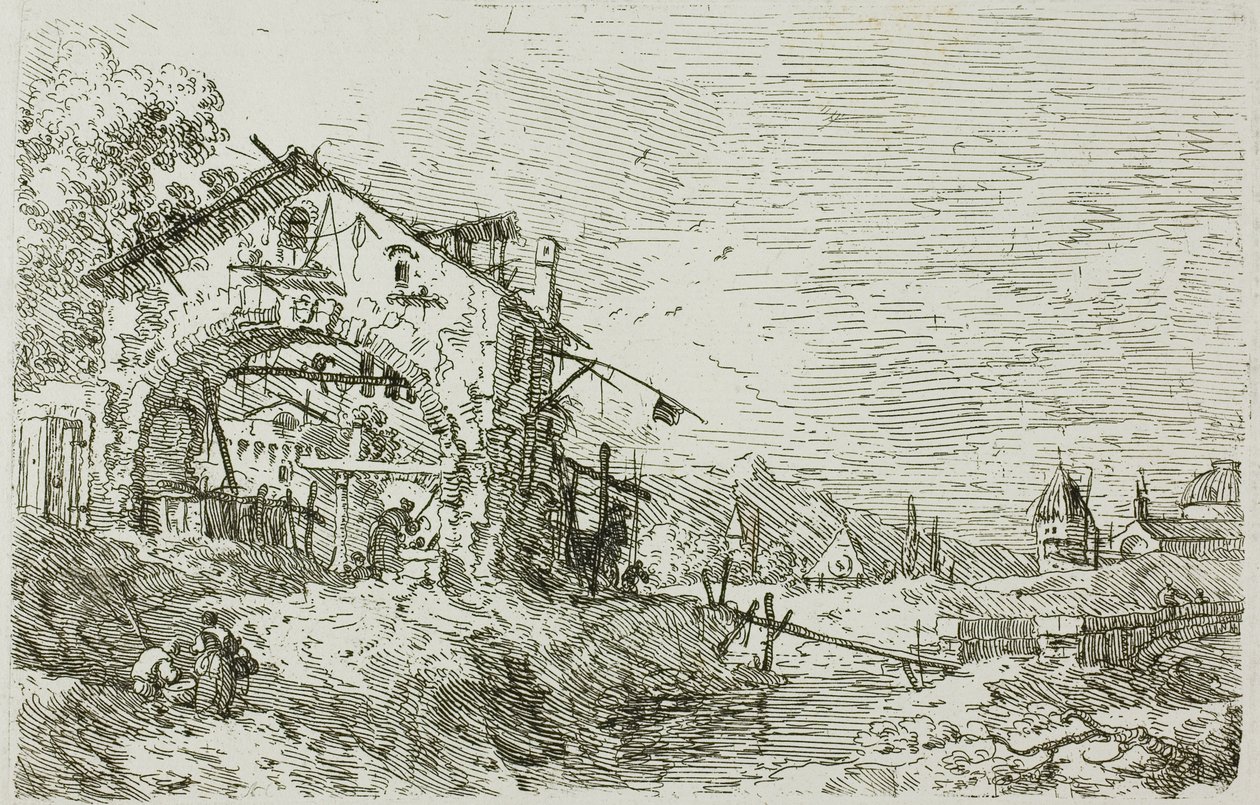 Landskab med en kvinde ved en brønd, fra Vedute af Canaletto