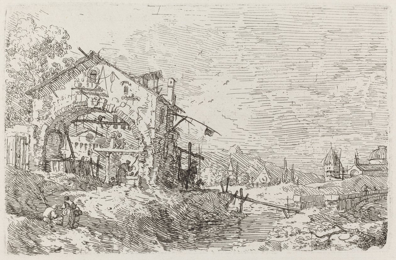 Landskab med en kvinde ved en brønd [nederst til venstre] af Canaletto