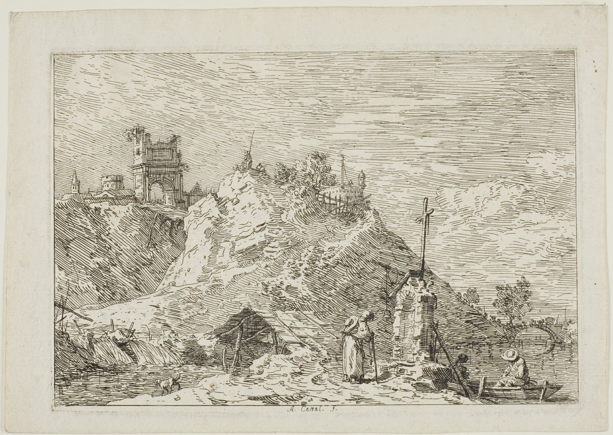 Landskab med Pilgrim ved Bønnen, fra Vedute af Canaletto