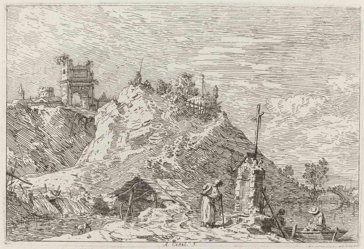 Landskab med pilgrimen ved bønnen [øverst til venstre], ca. 17351746. af Canaletto